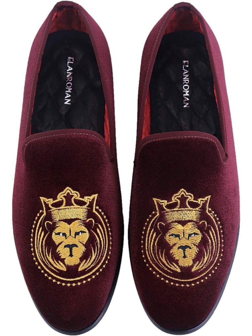 ELANROMAN Men's Wine Velvet Loafers Embroidered Lion Crown Formal Party Shoes